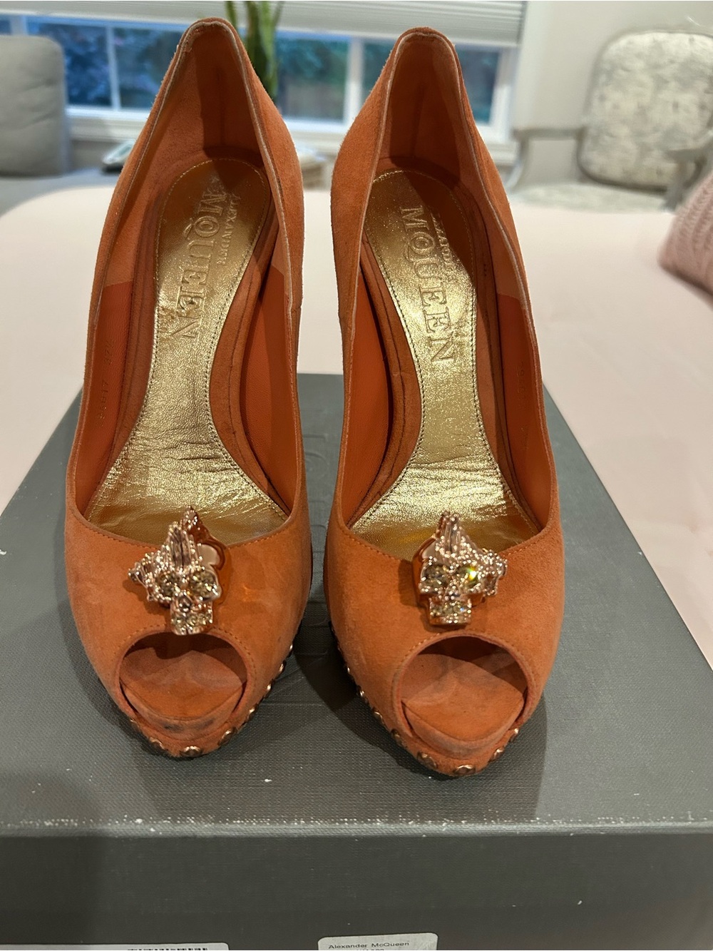 Alexander McQueen Orange Suede Jeweled Peep-Toe Pumps